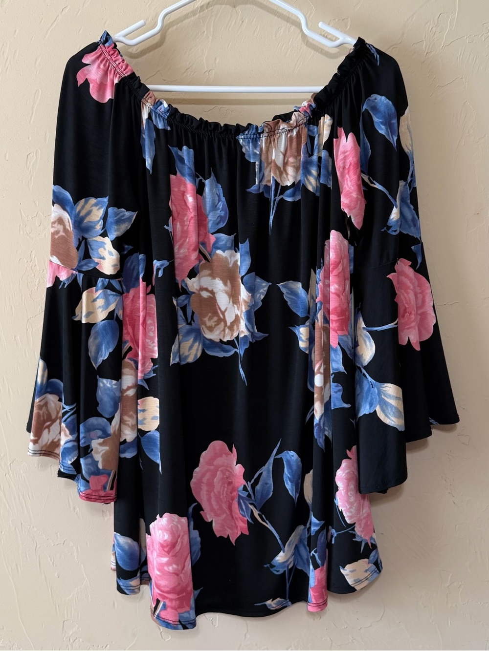 Emerald Black Off-Shoulder or Round Neck Tunic with Pink & Blue Floral